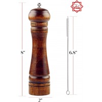 Wooden Pepper Mill or Salt Mill with a cleaning brush - 8 inch tall - Best Pepper or Salt Grinder Wood with a Adjustable Ceramic Rotor and easily refillable - Oak Wood Pepper Grinder for your kitchen