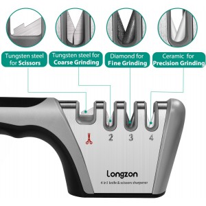 Longzon 5-in-1 Knife Sharpener [4 Stage] with a Pair of Cut-Resistant Glove,Original Premium Polish Blades, Best Kitchen Knife Sharpener Works for Fruit and Steel Knives, Scissors(Black+Silver)