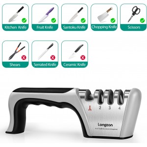 Longzon 5-in-1 Knife Sharpener [4 Stage] with a Pair of Cut-Resistant Glove,Original Premium Polish Blades, Best Kitchen Knife Sharpener Works for Fruit and Steel Knives, Scissors(Black+Silver)