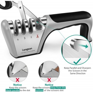 Longzon 5-in-1 Knife Sharpener [4 Stage] with a Pair of Cut-Resistant Glove,Original Premium Polish Blades, Best Kitchen Knife Sharpener Works for Fruit and Steel Knives, Scissors(Black+Silver)