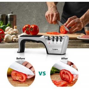 Longzon 5-in-1 Knife Sharpener [4 Stage] with a Pair of Cut-Resistant Glove,Original Premium Polish Blades, Best Kitchen Knife Sharpener Works for Fruit and Steel Knives, Scissors(Black+Silver)
