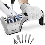 Longzon 5-in-1 Knife Sharpener [4 Stage] with a Pair of Cut-Resistant Glove,Original Premium Polish Blades, Best Kitchen Knife Sharpener Works for Fruit and Steel Knives, Scissors(Black+Silver)