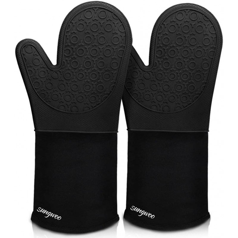 sungwoo Extra Long Silicone Oven Mitts, Heat Resistant Oven Gloves with Quilted Liner Non-Slip Textured Grip Perfect for BBQ, Baking, Cooking and Grilling - 1 Pair 14.6 Inch Black