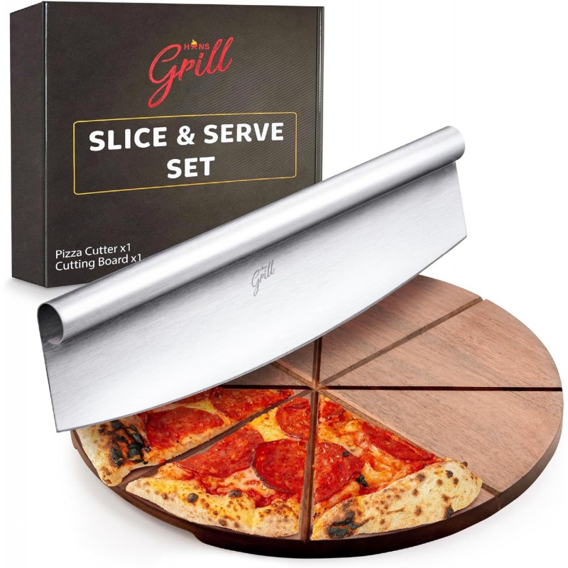 Hans Grill Pizza Cutting Board and Pizza Cutter Rocker Blade Gift Set Professional Stainless Steel Food Slicer with 13.5