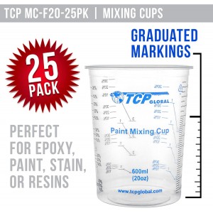 TCP Global 20 oz. (600ml) Graduated Plastic Mixing Cups - Box of 25 - Disposable Plastic Measuring Cups for Liquids, Paints, Resin, Epoxy, Art, Kitchen - Ratios 2-1, 3-1, 4-1 ML