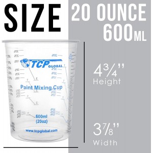 TCP Global 20 oz. (600ml) Graduated Plastic Mixing Cups - Box of 25 - Disposable Plastic Measuring Cups for Liquids, Paints, Resin, Epoxy, Art, Kitchen - Ratios 2-1, 3-1, 4-1 ML
