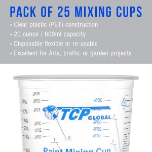 TCP Global 20 oz. (600ml) Graduated Plastic Mixing Cups - Box of 25 - Disposable Plastic Measuring Cups for Liquids, Paints, Resin, Epoxy, Art, Kitchen - Ratios 2-1, 3-1, 4-1 ML