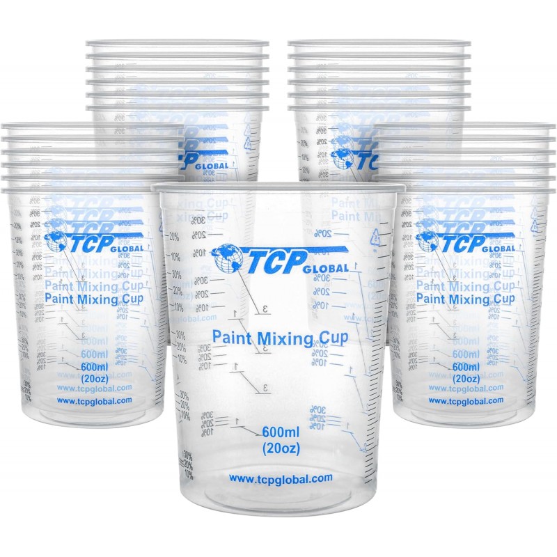 TCP Global 20 oz. (600ml) Graduated Plastic Mixing Cups - Box of 25 - Disposable Plastic Measuring Cups for Liquids, Paints, Resin, Epoxy, Art, Kitchen - Ratios 2-1, 3-1, 4-1 ML