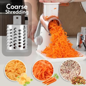 Rotary Cheese Grater with Handle, Kitchen Speed Hand Crank Vegetable Slicer, Potato Hash Brown Shredder Spinning Nut Grinder with 3 Replaceable Stainless Steel Drum Blades (White)