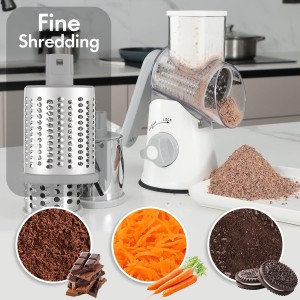 Rotary Cheese Grater with Handle, Kitchen Speed Hand Crank Vegetable Slicer, Potato Hash Brown Shredder Spinning Nut Grinder with 3 Replaceable Stainless Steel Drum Blades (White)