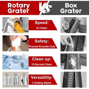 Rotary Cheese Grater with Handle, Kitchen Speed Hand Crank Vegetable Slicer, Potato Hash Brown Shredder Spinning Nut Grinder with 3 Replaceable Stainless Steel Drum Blades (White)