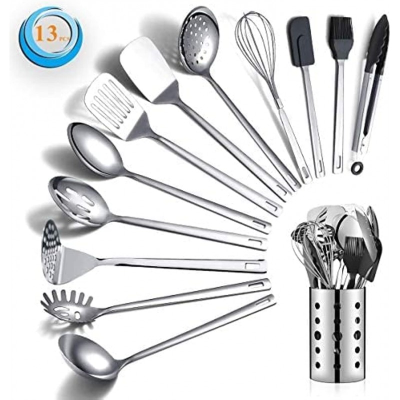 Stainless Steel Cooking Utensils Set, Berglander 13 Pieces Kitchen Utensils Set, Kitchen Tools Set With Utensil Holder Non-Stick And Heat Resistant,Dishwasher Safe, Easy to Clean (13 Packs)
