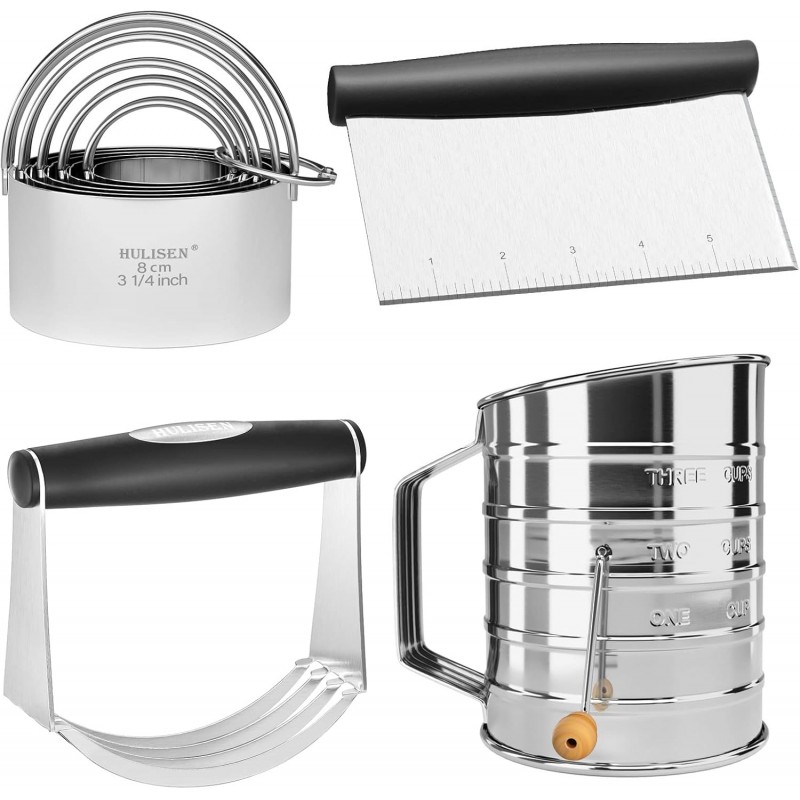 HULISEN Pastry Cutter, Dough Blender, 3 Cup Flour Sifter and Biscuit Cutter, Stainless Steel Dough Cutter, Professional Baking Dough Tools for Cooking Cookies and Donuts(4 Pcs/Set)