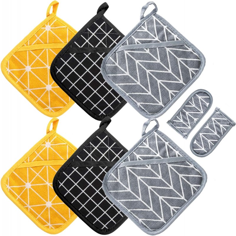 Heat Resistant Potholders Hot Pads-6 Kitchen Pot Holders Set with 2 Pan Hot Handle Holders Trivet for Cooking and Baking,with Recycled Infill Terrycloth Lining(Mixed,8 Piece)