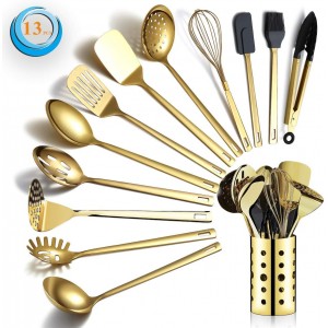 Gold Cooking Utensils Set, Berglander Stainless Steel 13 Pieces Kitchen Utensils Set With Titanium Gold Plating, Kitchen Tools Set With Utensil Holder, Dishwasher Safe, Easy to Clean