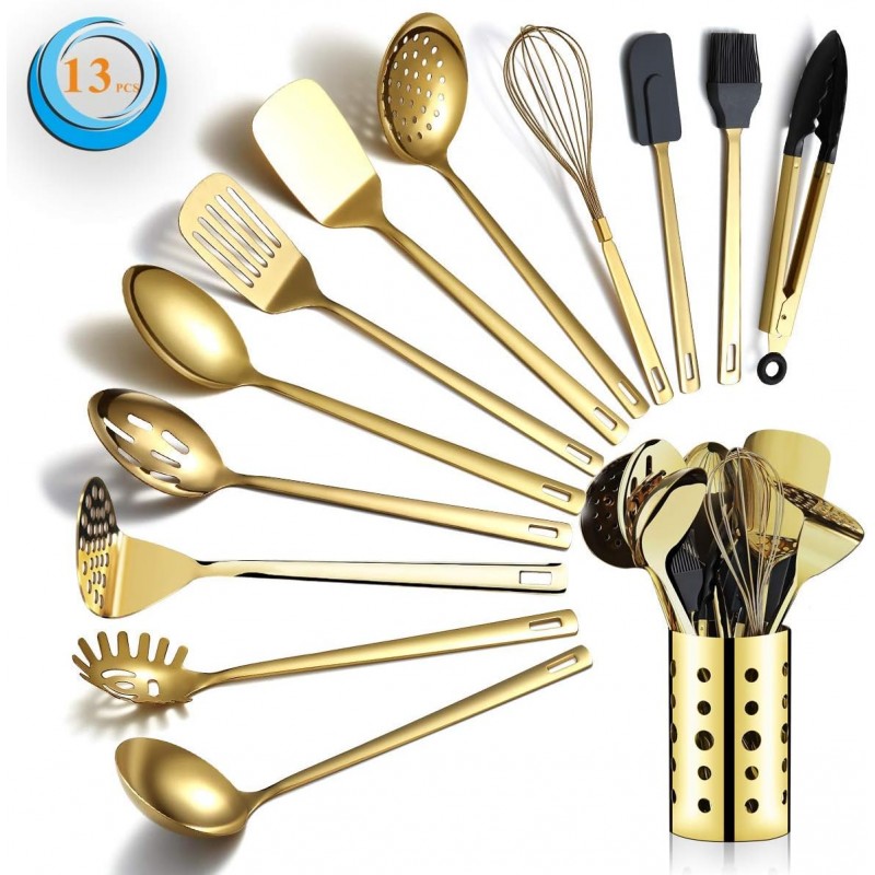 Gold Cooking Utensils Set, Berglander Stainless Steel 13 Pieces Kitchen Utensils Set With Titanium Gold Plating, Kitchen Tools Set With Utensil Holder, Dishwasher Safe, Easy to Clean
