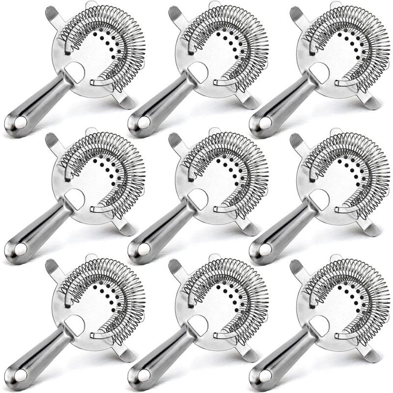 WUWEOT 9 Pack Cocktail Strainer, 4-Prong Stainless Steel Bar Strainer, 6 Inches Silver Bar Tool Drink Strainer with 100 Wire Spring for Bartenders and Mixologists