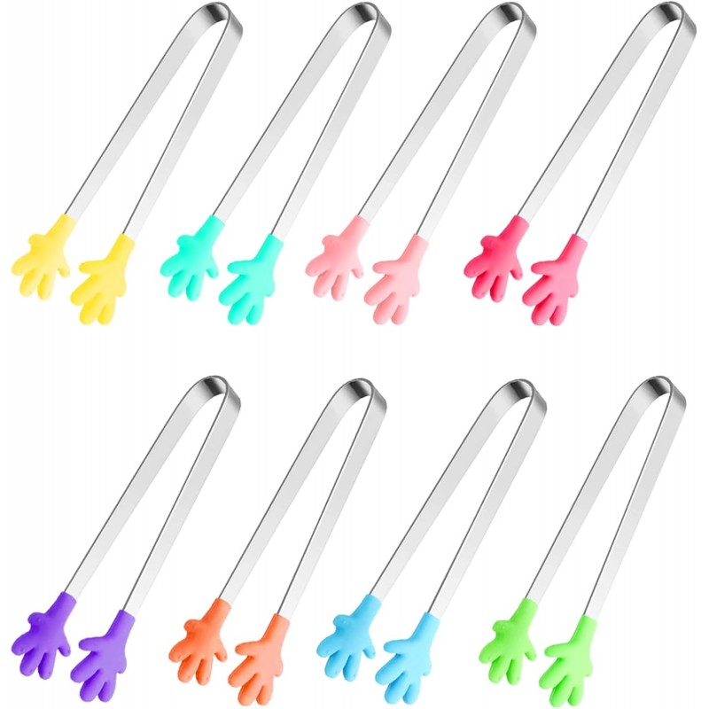 8PCS Silicone Mini Tongs, 5Inch Hand Shape Food Tongs, Colourful Small Kids Tongs for Serving Food, Ice Cube, fruits, Sugar, Barbecue by Sunenlyst (Palm sharp)