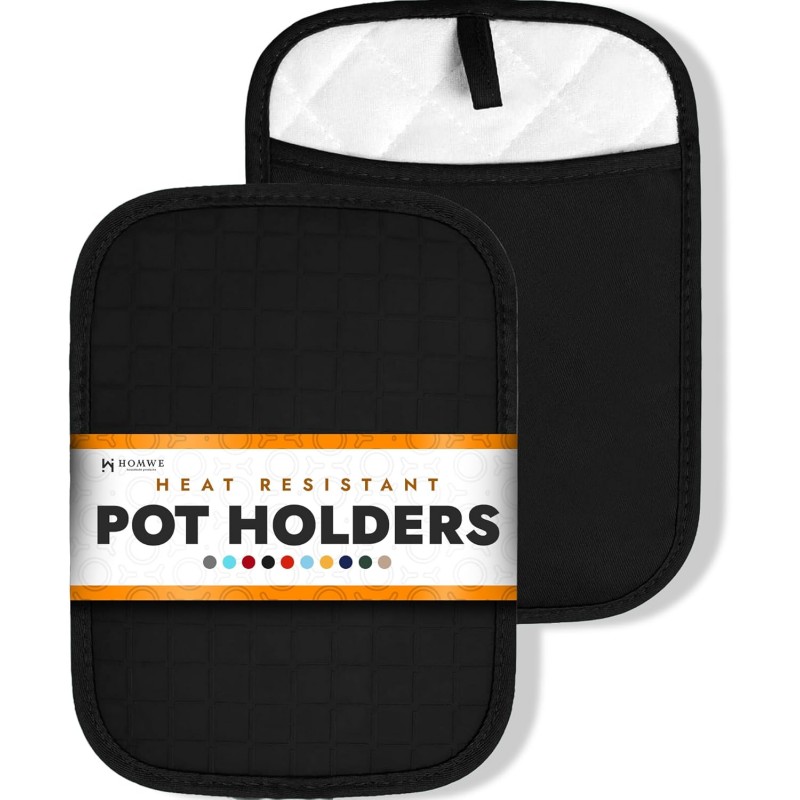 Silicone Kitchen Pot Holders with Pockets, 2 Pc Set Trivet, Steam and Heat Resistant Hand and Countertop Protection Hot Pads, Non-Slip Grip potholders, Terrycloth Interior Lining, Black