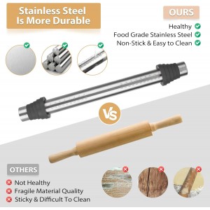 Adjustable Rolling Pin with Thickness Rings for Baking -Non Stick Stainless Steel Dough Roller Pin with Bands for Cookie,Wood,Wooden and Bread (Grey, 15.8 '')