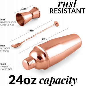 Zulay Cocktail Shaker Set - Stainless Steel Mixed Drink Shaker - Martini Shaker Set with Build in Strainer, Double Sided Jigger & Muddler Combo Mixing Spoon - Pro Margarita Shaker - Large 24oz