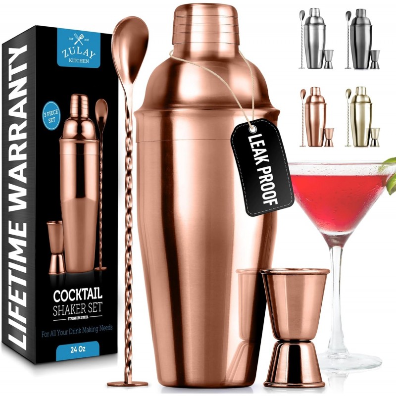 Zulay Cocktail Shaker Set - Stainless Steel Mixed Drink Shaker - Martini Shaker Set with Build in Strainer, Double Sided Jigger & Muddler Combo Mixing Spoon - Pro Margarita Shaker - Large 24oz