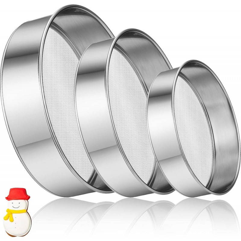 Patelai 3 Pcs Stainless Steel Round Flour Sifter Sieve Fine Mesh for Bake Decorate Cakes, Pies, Pastries, Cupcakes (6 Inch and 8 Inch 60 Mesh,7 Inch 40 Mesh)