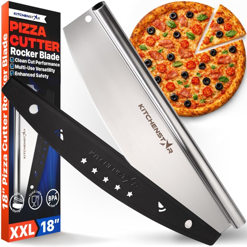 KitchenStar 18-Inch Pizza Cutter Rocker Blade - Sharp Stainless Steel Slicer Knife, Protective Cover, Dishwasher Safe, Extra Large - Commercial Pizza Oven Accessories