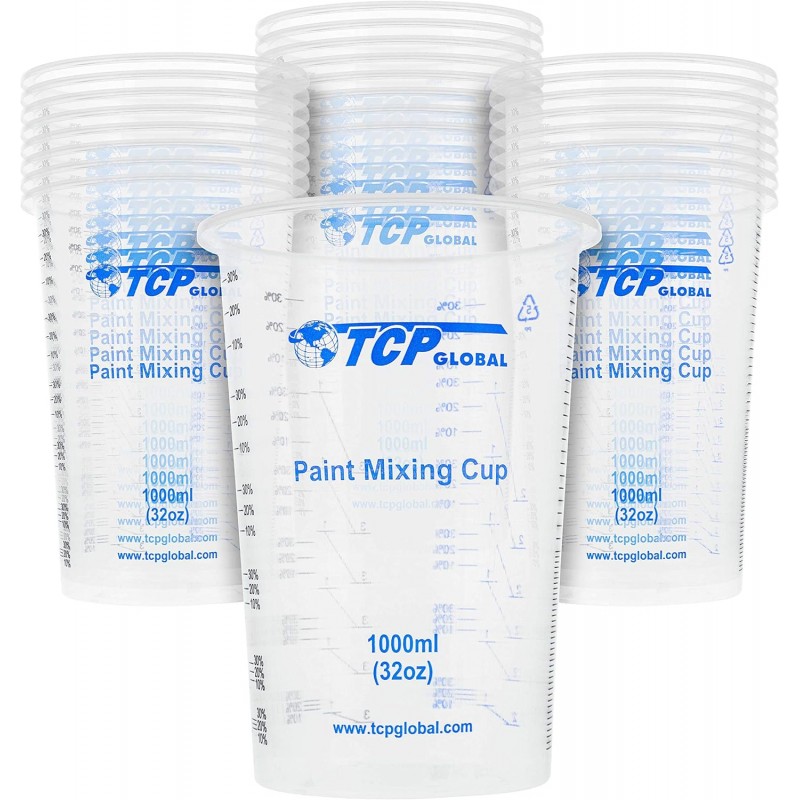 TCP Global 32 oz. (1000ml) Graduated Plastic Mixing Cups (Box of 25) - Disposable Plastic Measuring Cups for Liquids, Paints, Resin, Epoxy, Art, Kitchen - Ratios 2-1, 3-1, 4-1 ML