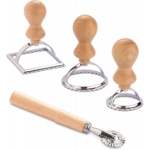 Navaris Ravioli Stamp Set - Set of 3 Shape Cutters with Roller for Cutting Home-Made Ravioli Pasta Parcels - Pastry and Dough Cookie Cutter Tools