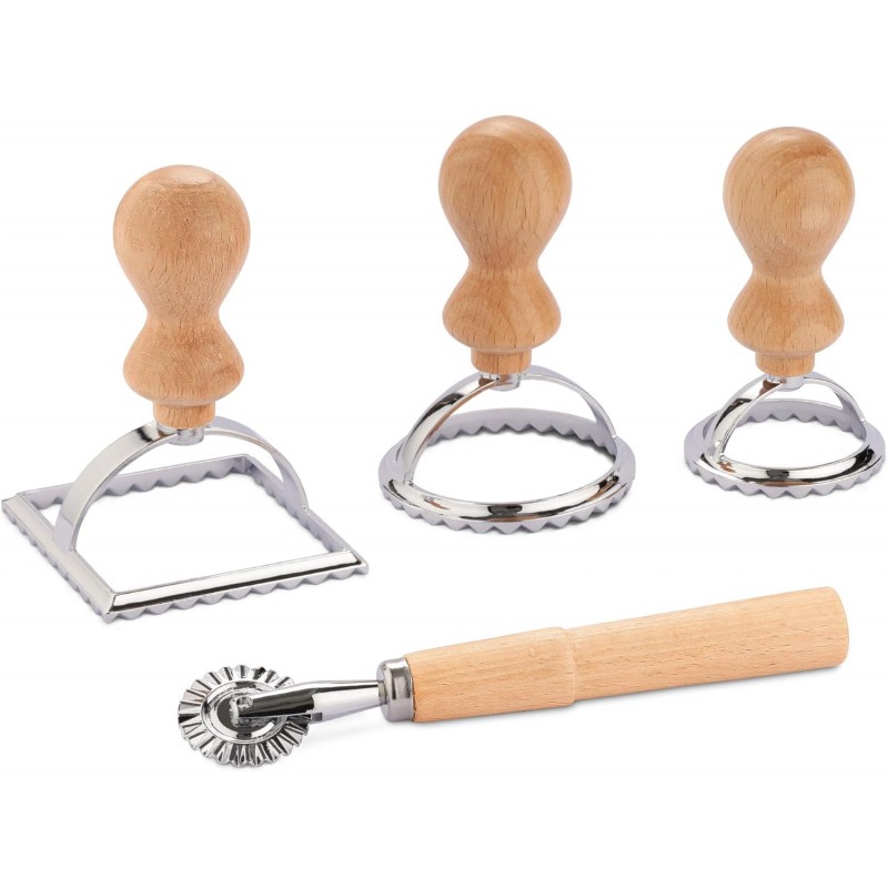 Navaris Ravioli Stamp Set - Set of 3 Shape Cutters with Roller for Cutting Home-Made Ravioli Pasta Parcels - Pastry and Dough Cookie Cutter Tools