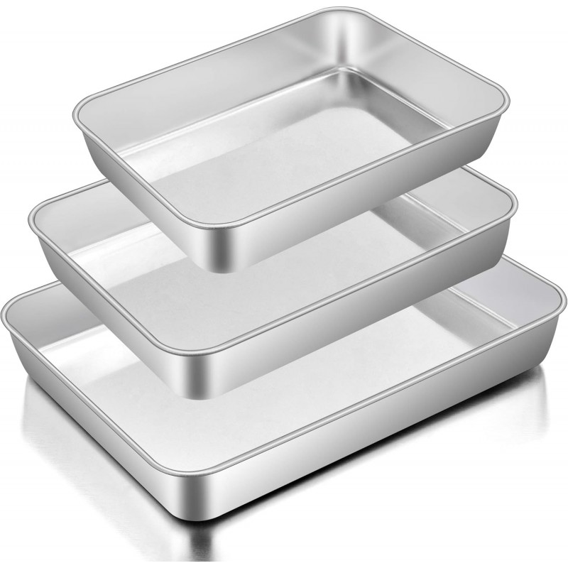 E-far Baking Pans Set of 3, Stainless Steel Sheet Cake Pan for Oven - 12.5/10.5/9.4Inch, Rectangle Bakeware Set for Cake Lasagna Brownie Casserole Cookie, Non-toxic & Healthy, Dishwasher Safe
