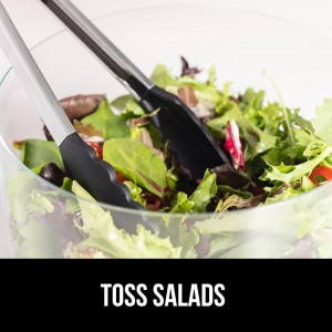 GORILLA GRIP Stainless Steel Heat Resistant Kitchen Tongs for Cooking, 9 + 12 Inch, Set of 2 BBQ Tong, Non Scratch Silicone Tip for Pan, Strong Grip, Grab Food, Toss Salad, Air Fryer, Pull Lock, Black