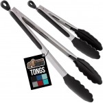 GORILLA GRIP Stainless Steel Heat Resistant Kitchen Tongs for Cooking, 9 + 12 Inch, Set of 2 BBQ Tong, Non Scratch Silicone Tip for Pan, Strong Grip, Grab Food, Toss Salad, Air Fryer, Pull Lock, Black