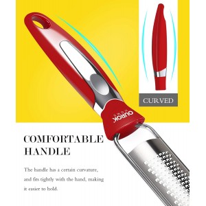 Ourokhome Kitchen Lemon Zester, Stainless Steel Hand Held Parmesan Cheese Grater for Ginger, Chocolate, Coconut, Lime, Nutmeg, Citrus, Fruit, Vegetable with Cleaning Brush, Dishwasher safe, Red