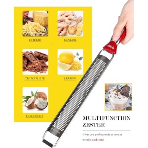 Ourokhome Kitchen Lemon Zester, Stainless Steel Hand Held Parmesan Cheese Grater for Ginger, Chocolate, Coconut, Lime, Nutmeg, Citrus, Fruit, Vegetable with Cleaning Brush, Dishwasher safe, Red