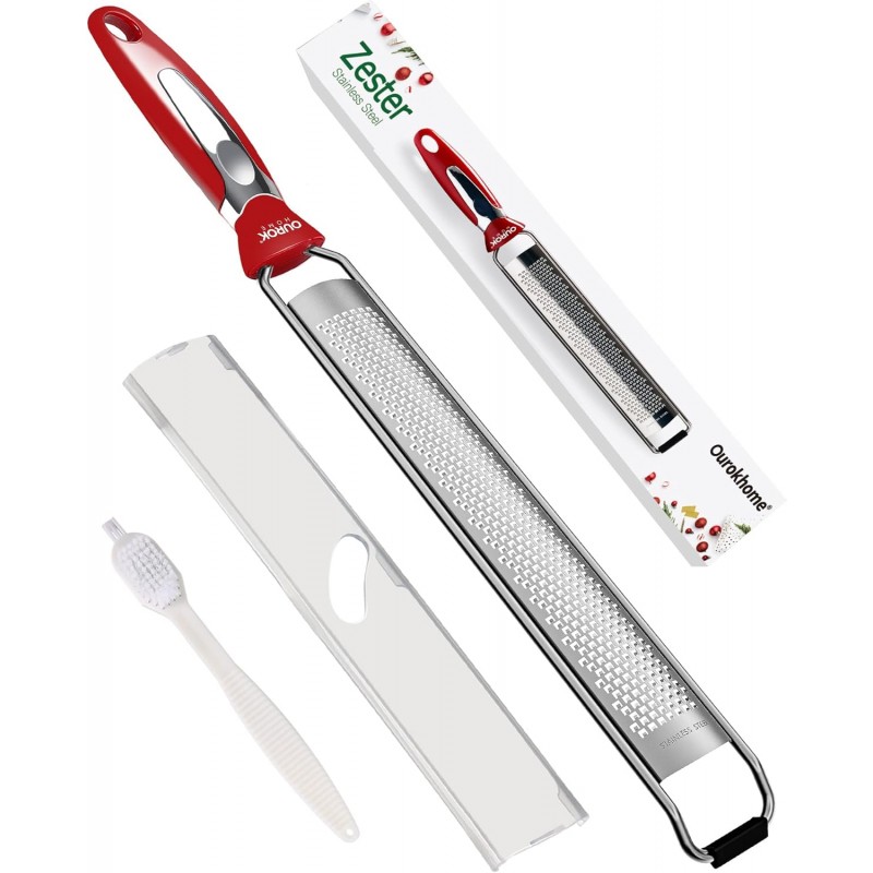 Ourokhome Kitchen Lemon Zester, Stainless Steel Hand Held Parmesan Cheese Grater for Ginger, Chocolate, Coconut, Lime, Nutmeg, Citrus, Fruit, Vegetable with Cleaning Brush, Dishwasher safe, Red