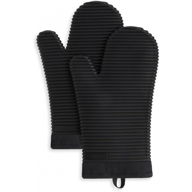 KITCHENAID Ribbed Soft Silicone Oven Mitt 2-Pack Set, Matte Black, 7.5