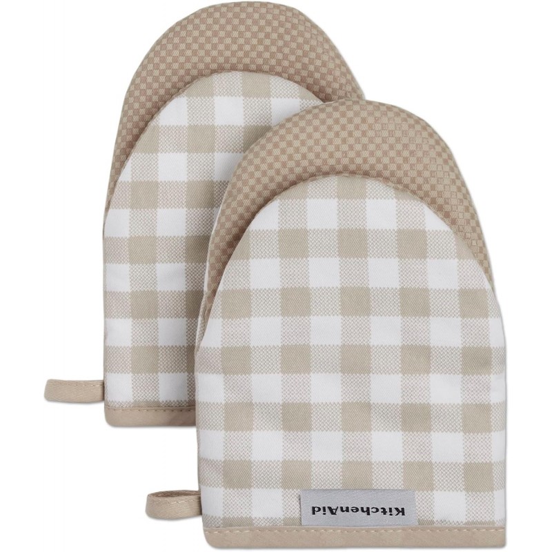 KitchenAid Gingham Mini Oven Mitt 2-Pack Set, Milkshake Tan, 5.5