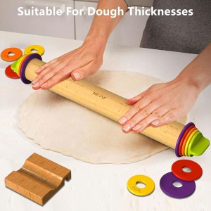 Rolling Pin with Thickness Rings for Baking,Fondant, Pizza, Pie Crust, Cookie, Pastry, Roller Rod for Dough Thickness, 13.6