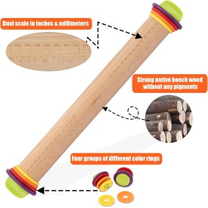 Rolling Pin with Thickness Rings for Baking,Fondant, Pizza, Pie Crust, Cookie, Pastry, Roller Rod for Dough Thickness, 13.6