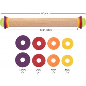 Rolling Pin with Thickness Rings for Baking,Fondant, Pizza, Pie Crust, Cookie, Pastry, Roller Rod for Dough Thickness, 13.6