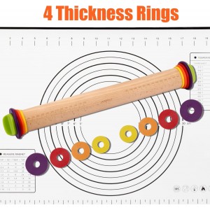 Rolling Pin with Thickness Rings for Baking,Fondant, Pizza, Pie Crust, Cookie, Pastry, Roller Rod for Dough Thickness, 13.6