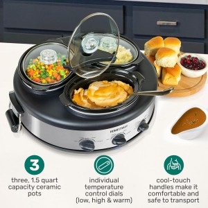 HomeCraft HCRTSCO15SS Triple Round Oval 1.5 Quart Stainless Steel Cooker Buffet with Adjustable Temperature Control, Removable Lids & Spoon Rests, Perfect for Dinner, Appetizers