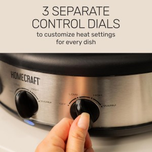 HomeCraft HCRTSCO15SS Triple Round Oval 1.5 Quart Stainless Steel Cooker Buffet with Adjustable Temperature Control, Removable Lids & Spoon Rests, Perfect for Dinner, Appetizers