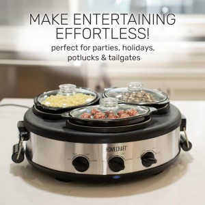 HomeCraft HCRTSCO15SS Triple Round Oval 1.5 Quart Stainless Steel Cooker Buffet with Adjustable Temperature Control, Removable Lids & Spoon Rests, Perfect for Dinner, Appetizers