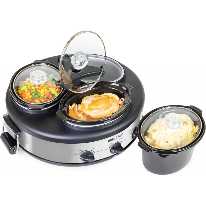 HomeCraft HCRTSCO15SS Triple Round Oval 1.5 Quart Stainless Steel Cooker Buffet with Adjustable Temperature Control, Removable Lids & Spoon Rests, Perfect for Dinner, Appetizers