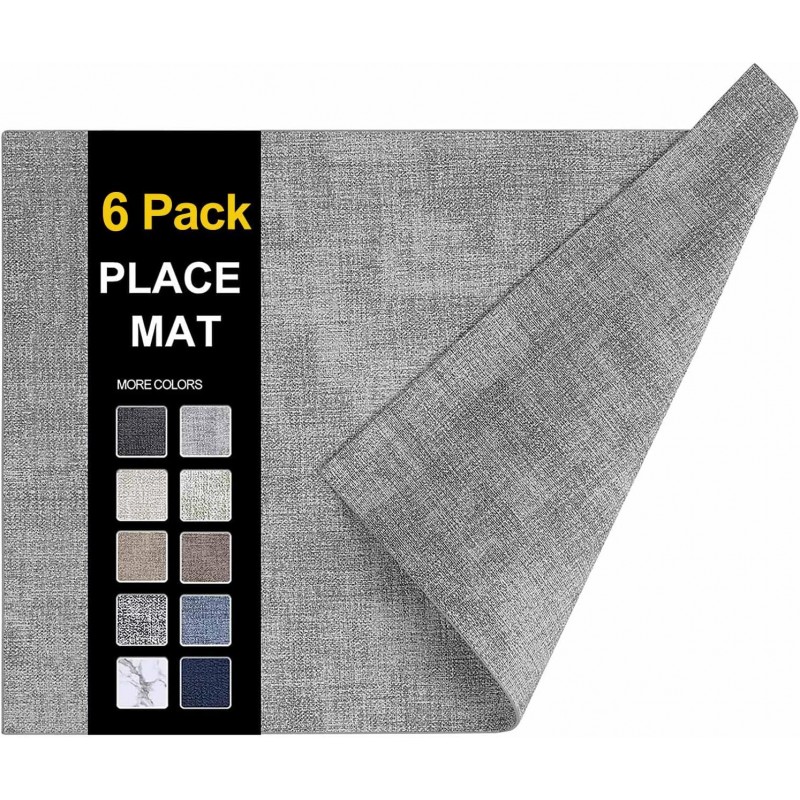 homing Faux Leather Heat Resistant Placemats 6 Packs, Waterproof Wipeable Dining Easter PU Place Mats for Indoor & Outdoor, Easy to Clean, Light Grey