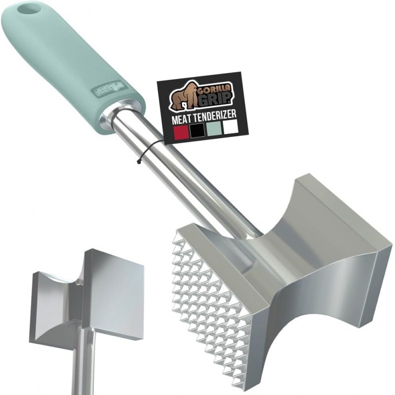 GORILLA GRIP BPA-Free Patented Dual-Sided Meat Tenderizer Tool, Soft Comfortable Handle with Hanging Hole, Heavy Duty Kitchen Mallet for Steak Beef Fish, Chicken Cutlet Pounder, Dishwasher Safe, Mint