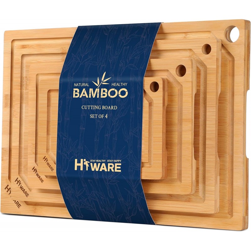 4-Piece Extra Large Bamboo Cutting Boards Set for Kitchen, Heavy Duty Cutting Board with Juice Groove, Bamboo Chopping Board Set for Meat, Vegetables - Pre Oiled